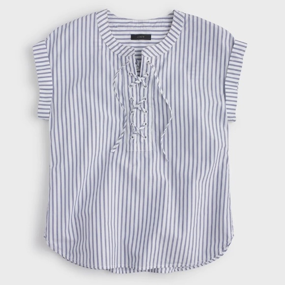 J. Crew Style G3923 100% Cotton Poplin Lace-up Front Popover Striped Blouse 💙🤍 - Picture 3 of 12